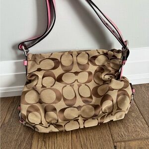 Coach Tan Signature Canvas Shoulder Bag with Pink Trim